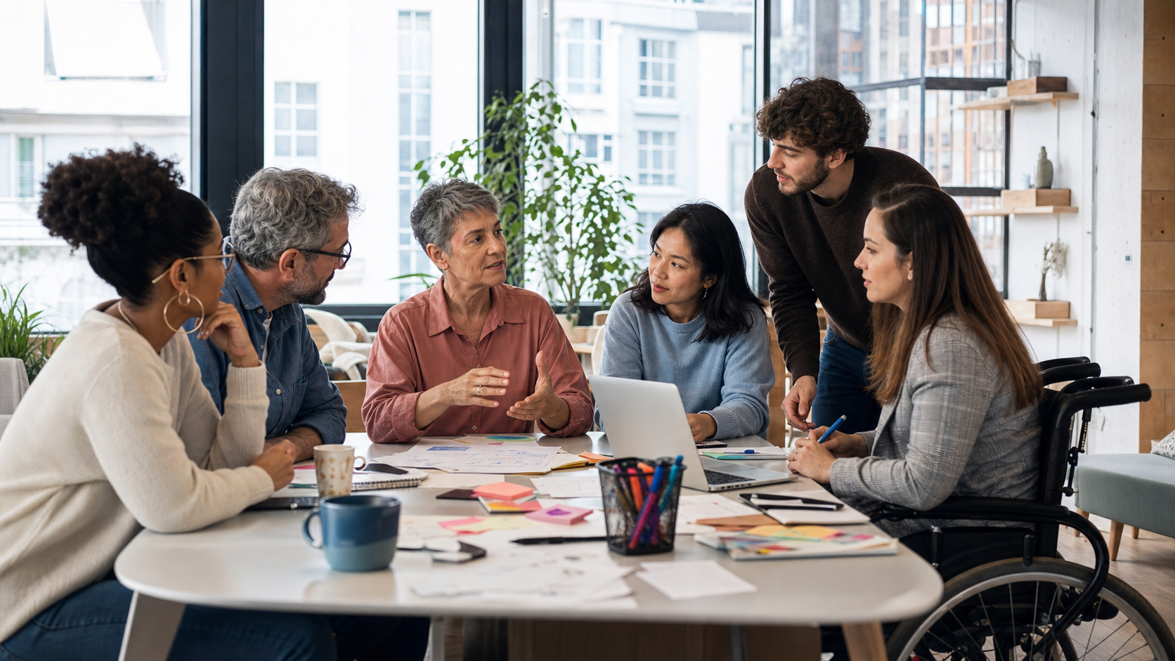 Personas diversas colaboran en el diseño de un proyecto social apoyado por tecnología.